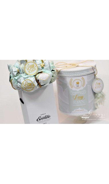 Lumanare botez cu ingeri gold dantela verde menta si broderie cu numele bebelusului cusuta in baza lumanarii 21